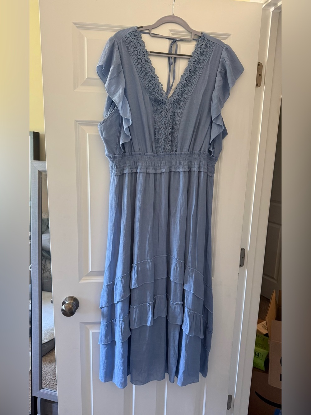 Women's Light Blue Midi Dress with Lace V-Neck
